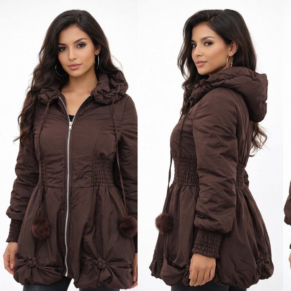 Chocolate Brown Puff Coat w/ Hood & Pom Pom Ties